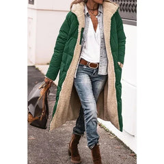 Green long puffer winter coat with beige sherpa lining and open front