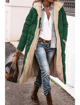 Green long puffer winter coat with beige sherpa lining and open front