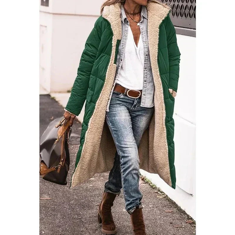 Green long puffer winter coat with beige sherpa lining and open front