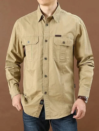 Khaki adventure shirt with button-front, two chest pockets, and long sleeves