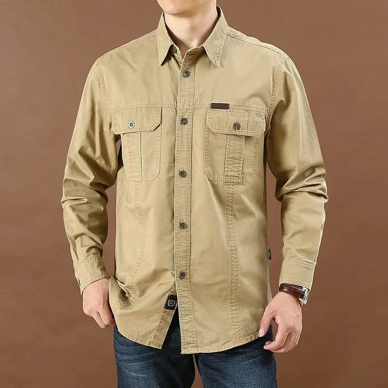 Khaki adventure shirt with button-front, two chest pockets, and long sleeves
