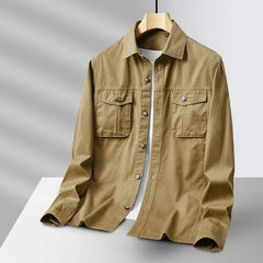 Khaki canvas overshirt with button front and two chest pockets