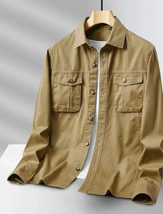 Khaki canvas overshirt with button front and two chest pockets