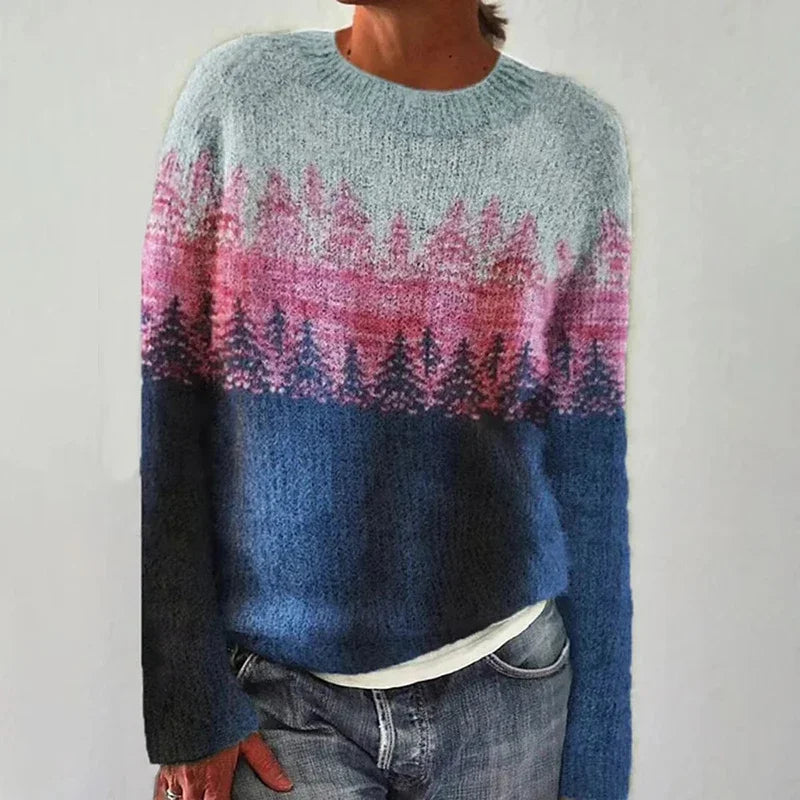 Delaney™ classic knitted sweater, light gray with pink and blue knit pattern