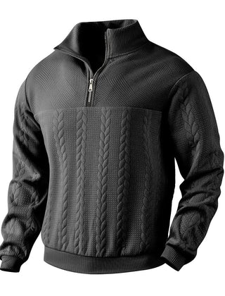 Black quarter-zip sweatshirt with textured cable front and ribbed cuffs and hem