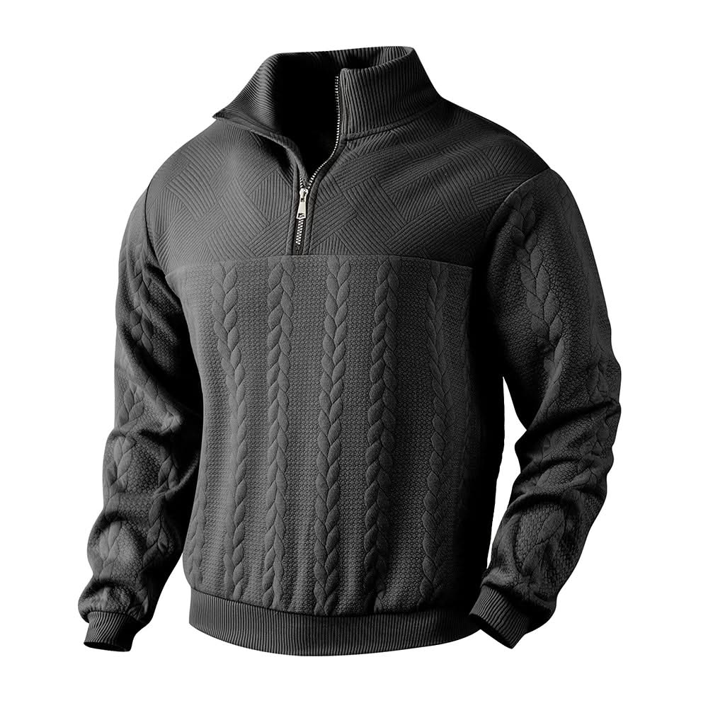 Black quarter-zip sweatshirt with textured cable front and ribbed cuffs and hem