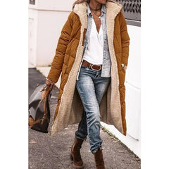 Orange-brown long puffer winter coat with beige sherpa lining and open front