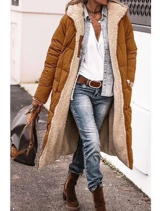 Orange-brown long puffer winter coat with beige sherpa lining and open front