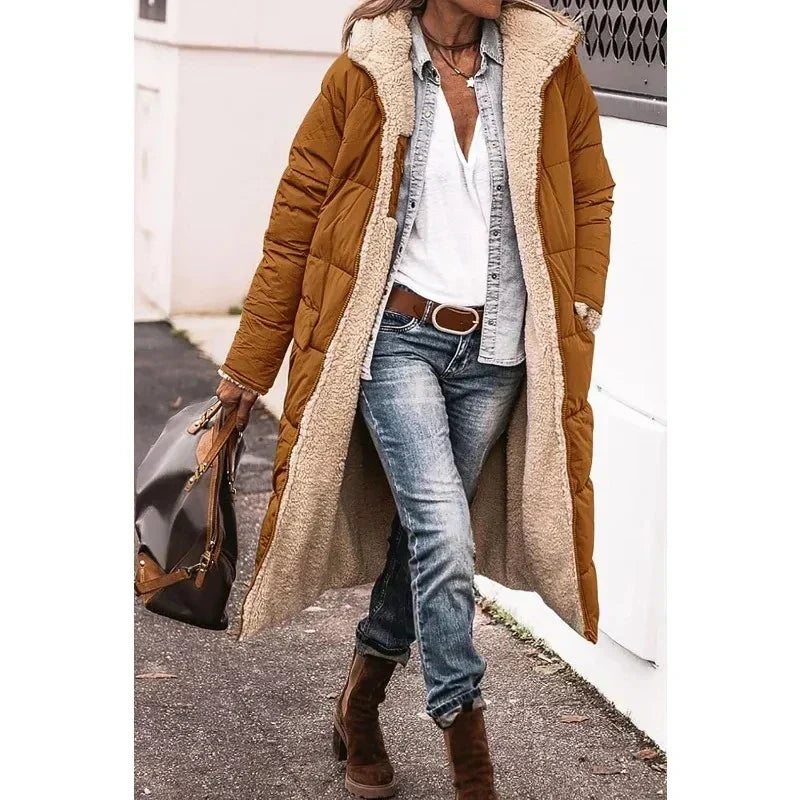 Orange-brown long puffer winter coat with beige sherpa lining and open front