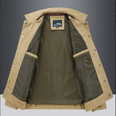 Tan utility jacket interior view with dark striped lining and snap closures