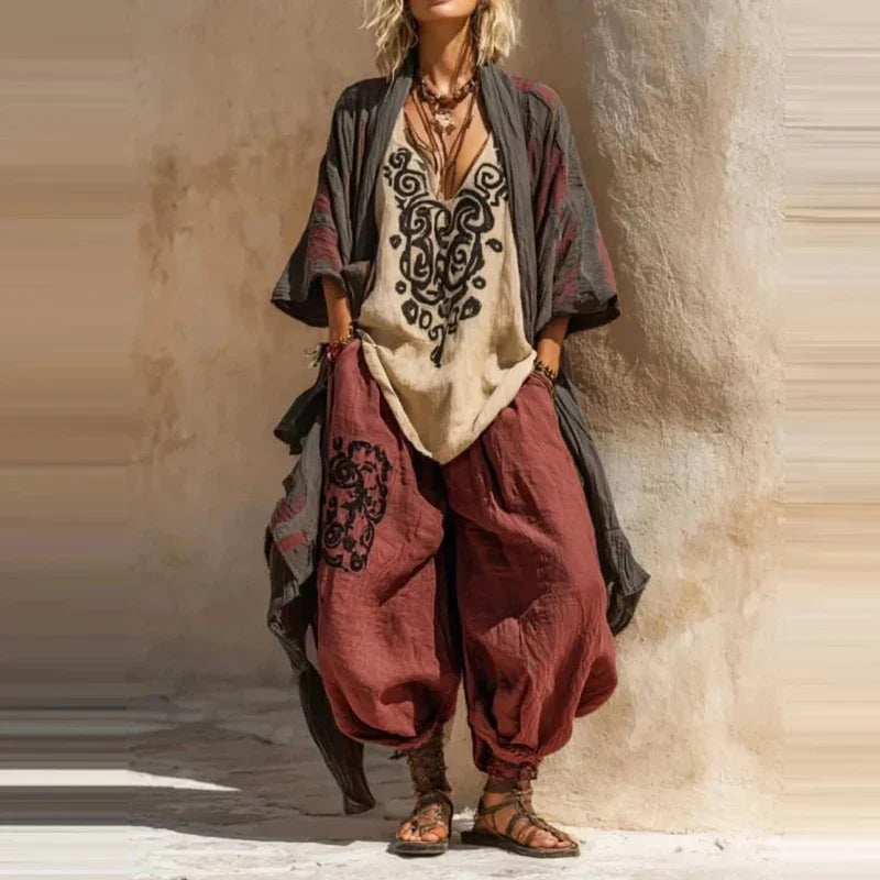 Linen-blend matching set with black printed tunic and wine-red harem pants