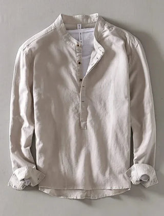 White linen mandarin shirt with stand collar, button placket, and long sleeves