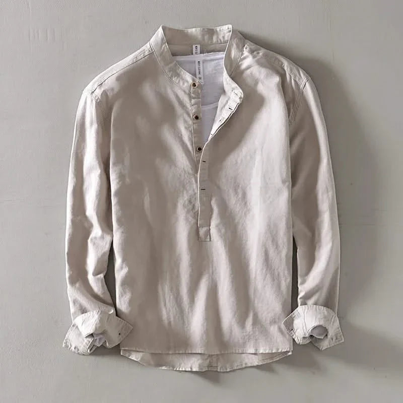 White linen mandarin shirt with stand collar, button placket, and long sleeves