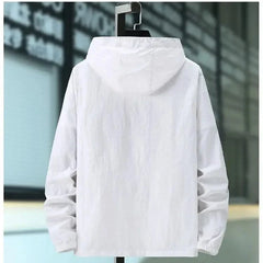 White hooded summer jacket, back view with drawstring hood and elastic cuffs