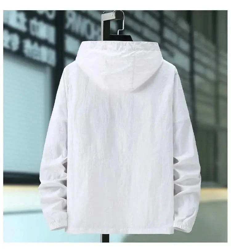 White hooded summer jacket, back view with drawstring hood and elastic cuffs