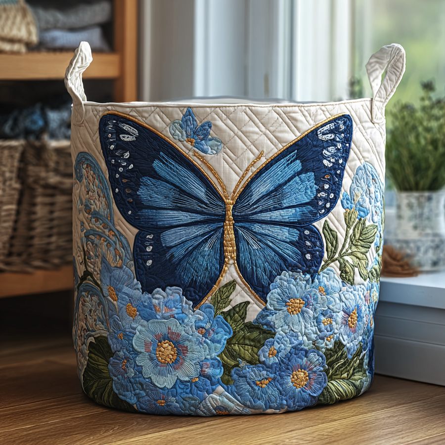 Quilted fabric laundry basket with blue butterfly and floral patchwork print