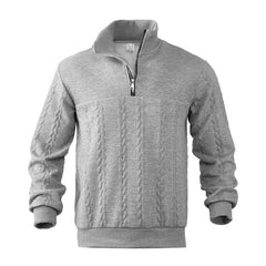 Light gray quarter-zip sweatshirt with textured cable-knit front and ribbed cuffs