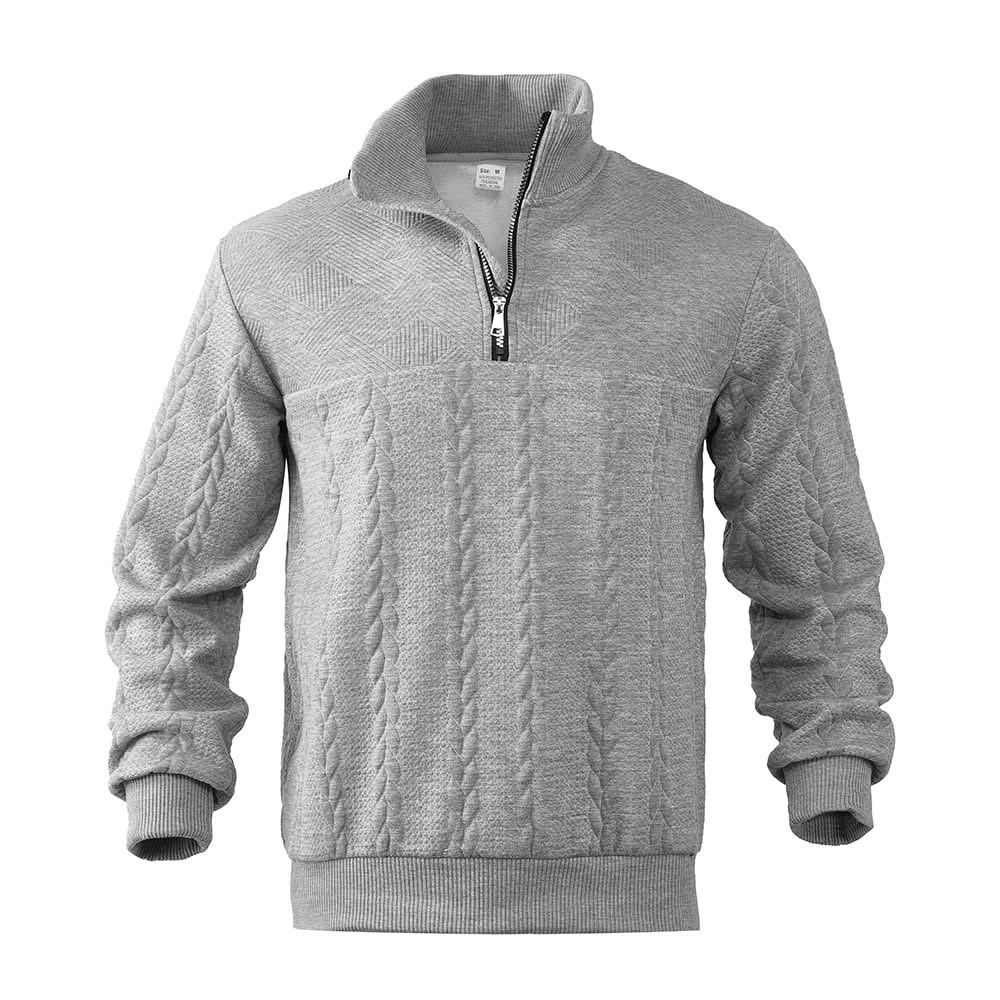 Light gray quarter-zip sweatshirt with textured cable-knit front and ribbed cuffs