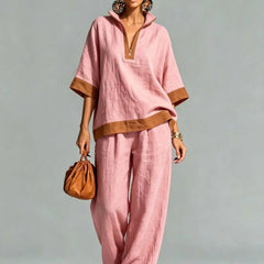 Women's linen-look co-ord set in pink: V-neck tunic top and wide-leg pants