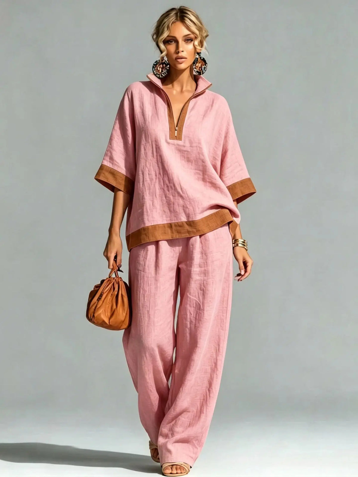 Women's linen-look co-ord set in pink: V-neck tunic top and wide-leg pants