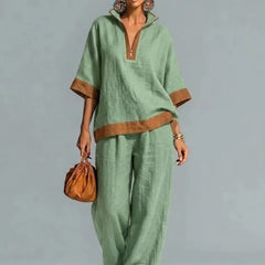 Women’s linen-look co-ord set, sage green V-neck top and wide-leg pants