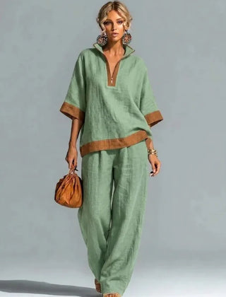 Women’s linen-look co-ord set, sage green V-neck top and wide-leg pants