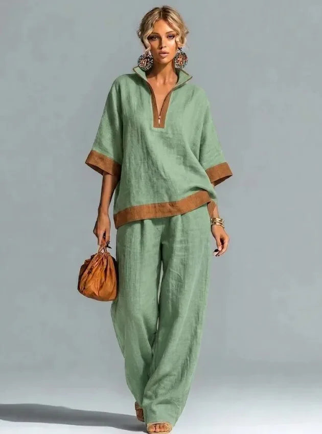 Women’s linen-look co-ord set, sage green V-neck top and wide-leg pants