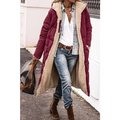 Burgundy long puffer winter coat with beige sherpa lining and open front