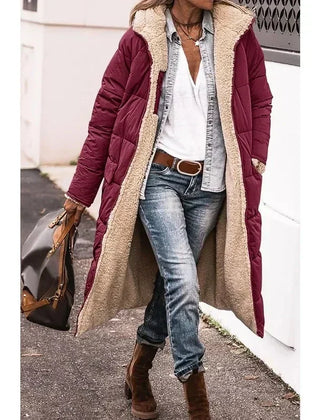 Burgundy long puffer winter coat with beige sherpa lining and open front