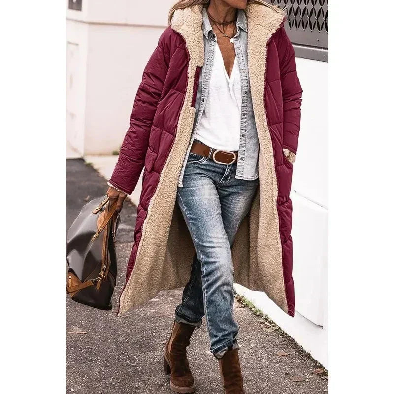 Burgundy long puffer winter coat with beige sherpa lining and open front