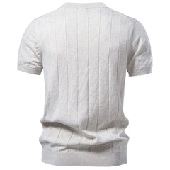 HARWICK premium tee, white crew-neck back view with vertical stripe texture and ribbed hem