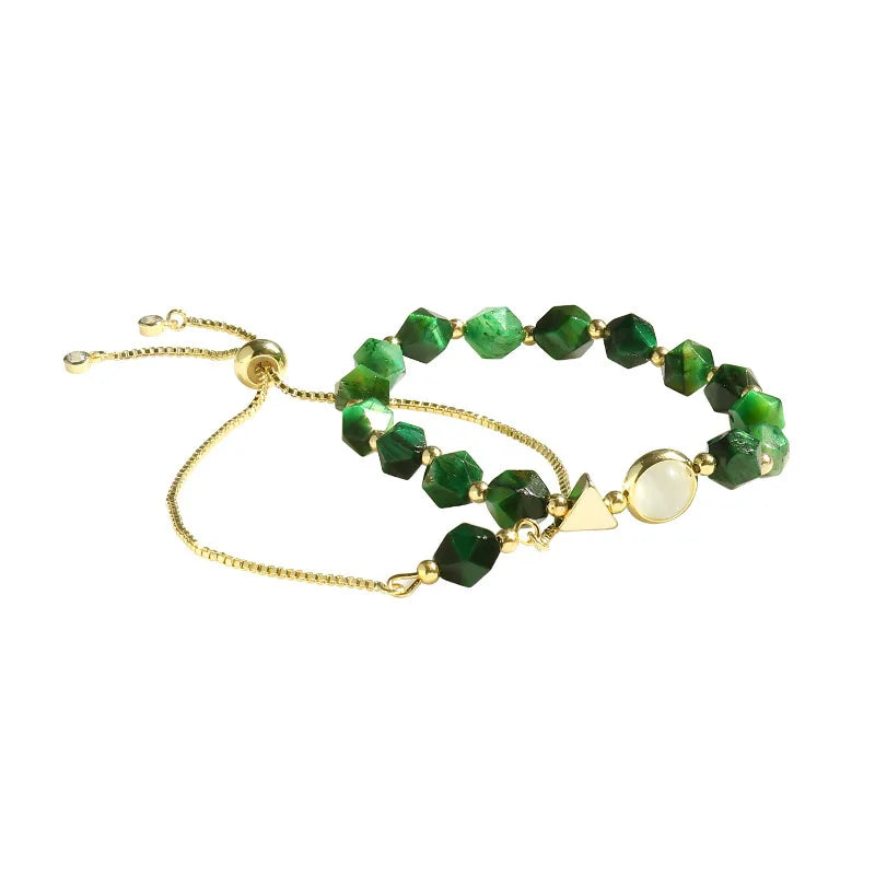 Gem bracelet set with gold chain and dark green faceted beads plus round pearl charm