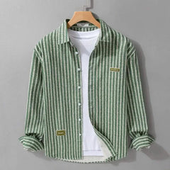 HALDRIN layered shirt in olive green pinstripe, button front over white inner