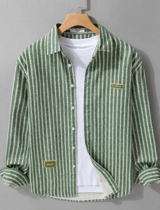 HALDRIN layered shirt in olive green pinstripe, button front over white inner