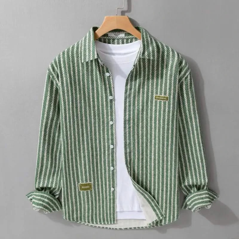 HALDRIN layered shirt in olive green pinstripe, button front over white inner