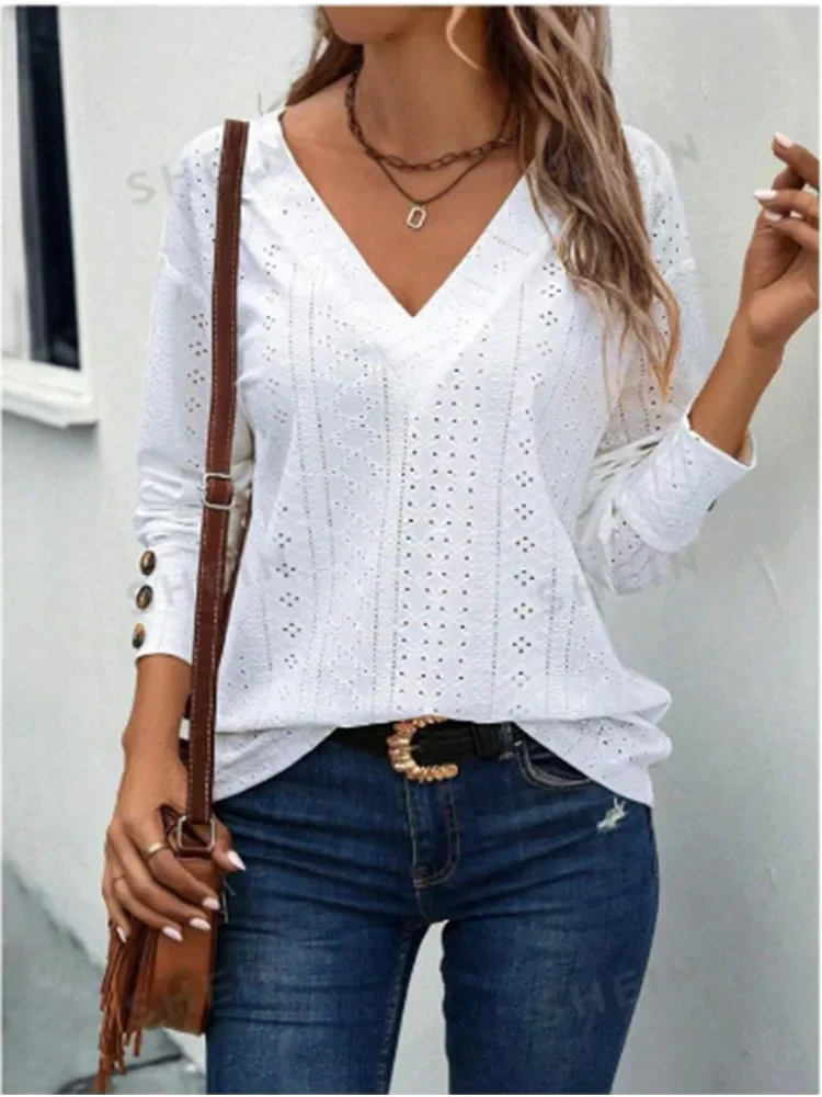 ARLETTE™ women's white lace V-neck long-sleeve top with eyelet pattern