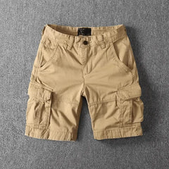 Khaki cargo shorts with button fly and cargo-style side pockets