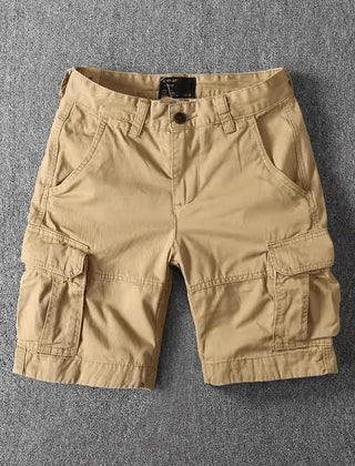 Khaki cargo shorts with button fly and cargo-style side pockets