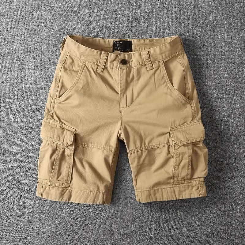 Khaki cargo shorts with button fly and cargo-style side pockets