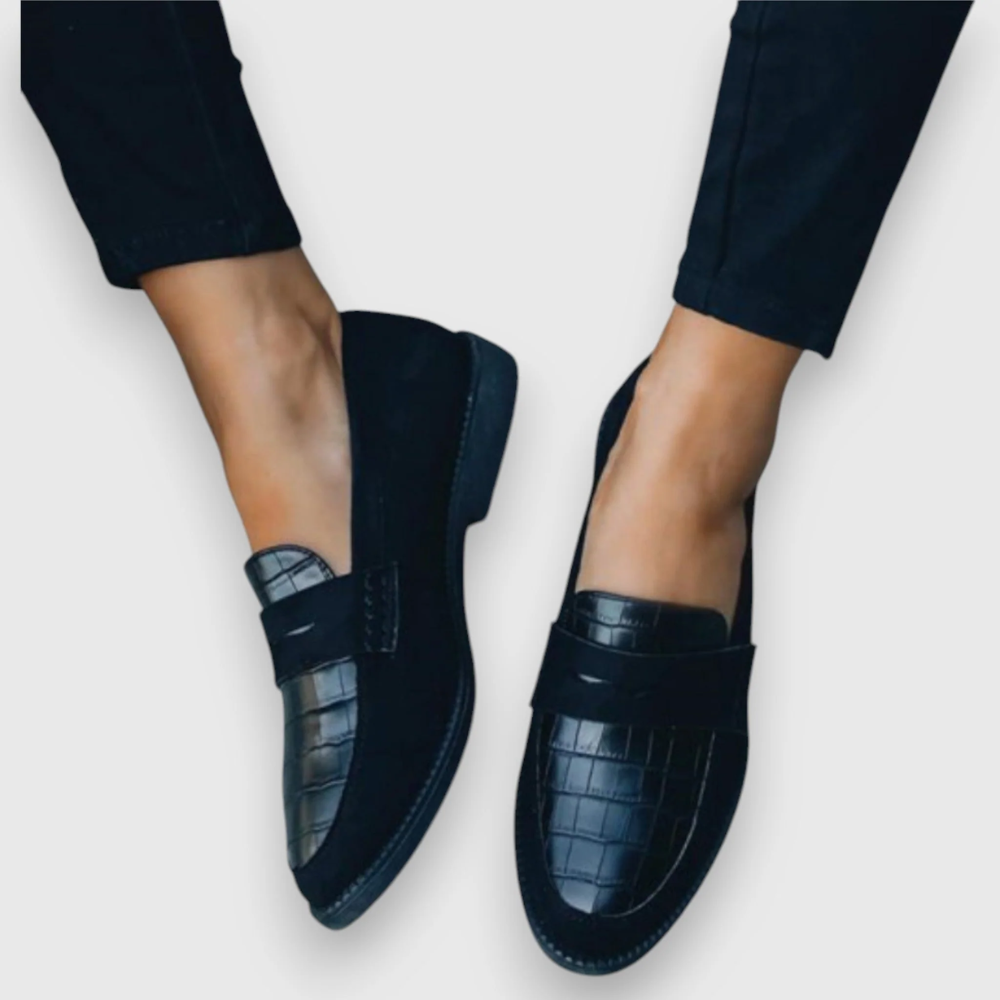 Handmade dark blue leather loafers with croc-embossed vamp and top strap detail