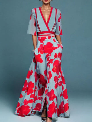 Floral wrap maxi dress with red V-neck and short sleeves, blue with red blooms