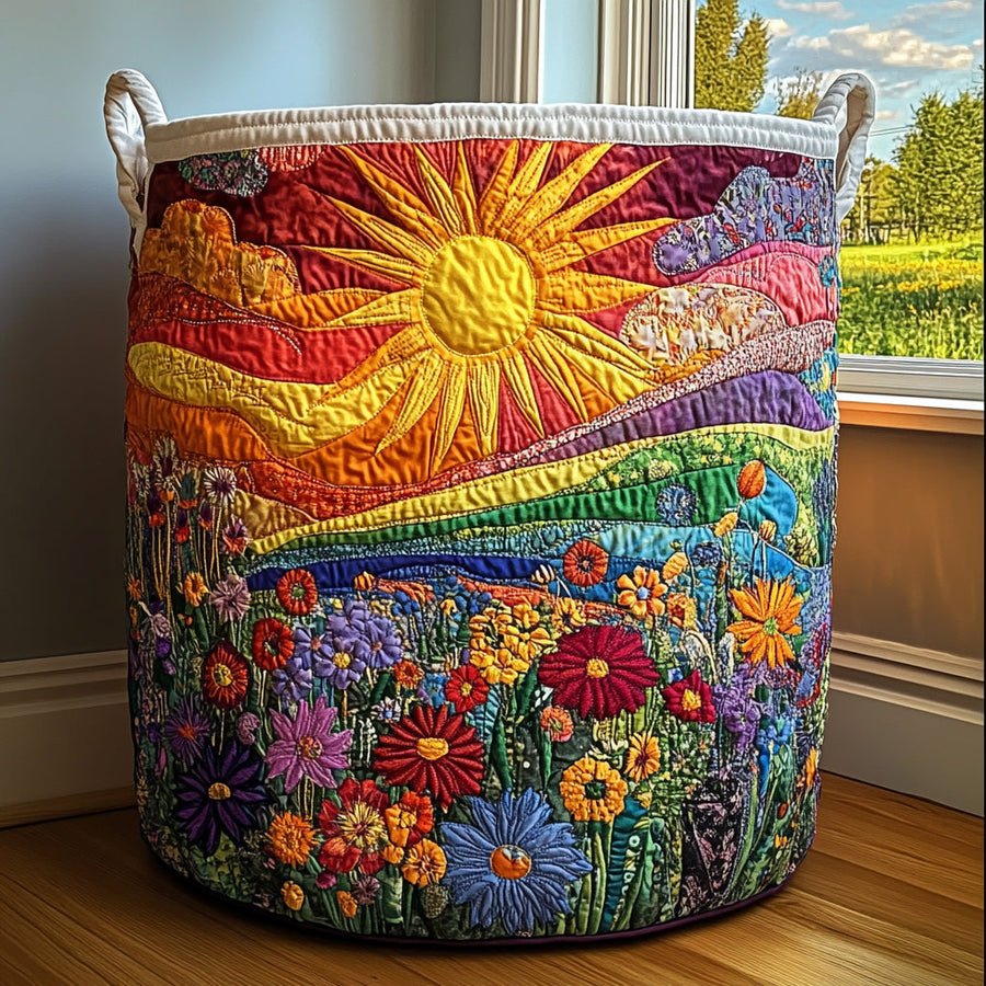 Round fabric laundry basket with bright sunburst and multicolor floral patchwork design.