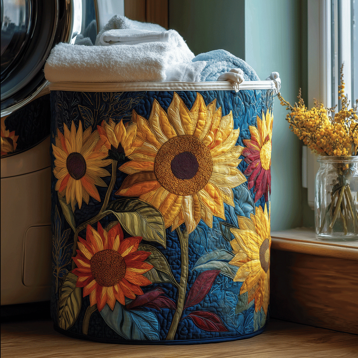 Floral laundry basket with sunflowers and blue base, fabric-like cylindrical bin