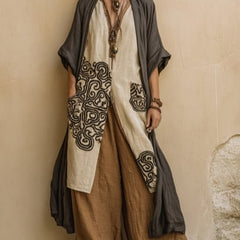 Dark gray boho tunic and wide-leg pants set, front view with pocket accents