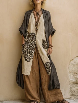 Dark gray boho tunic and wide-leg pants set, front view with pocket accents