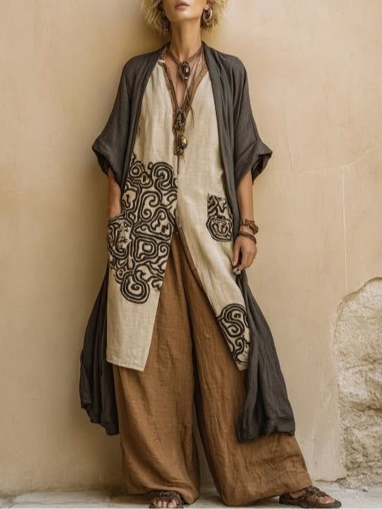 Dark gray boho tunic and wide-leg pants set, front view with pocket accents