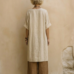 Linen-look tunic and wide-leg pants set, back view in light off-white