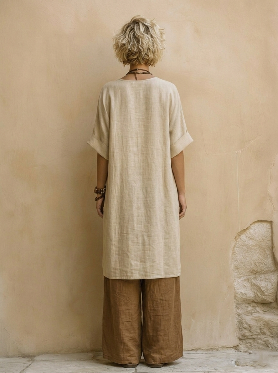 Linen-look tunic and wide-leg pants set, back view in light off-white