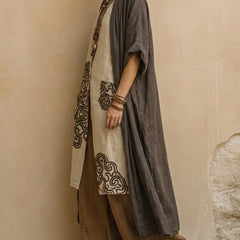Dark gray boho tunic and wide-leg pants set, side view with swirl pocket panels