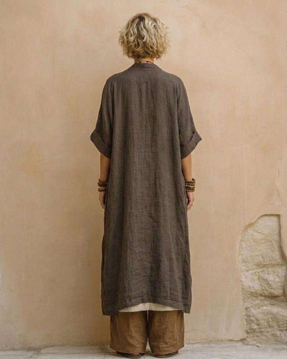 Dark gray boho tunic and wide-leg pants set, back view with loose drape